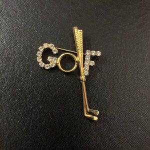 Gold Tone Golf Club Brooch With Rhinestones